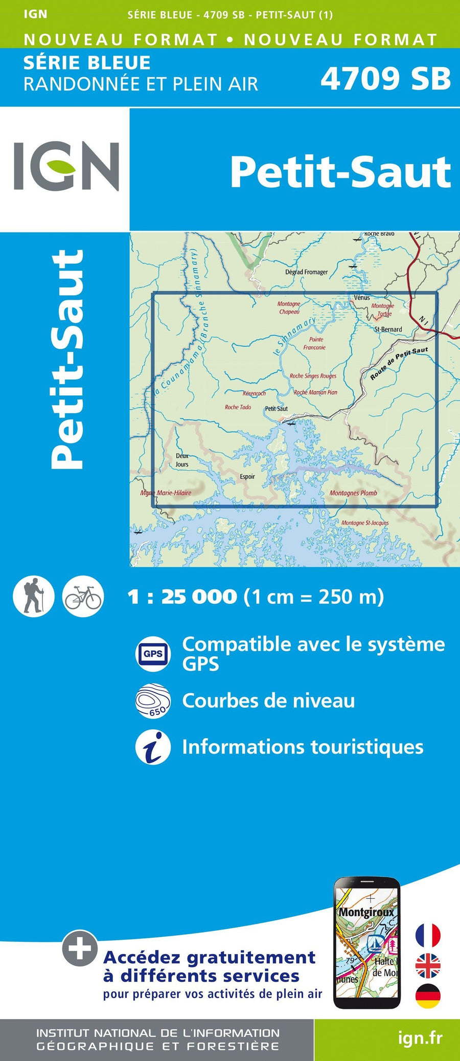 Carte de randonnée n° 4709 - Petit-Saut (Guyane) | IGN - Série Bleue carte pliée IGN 