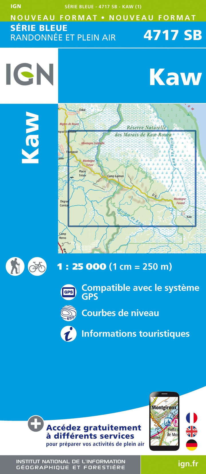 Carte de randonnée n° 4717 - Kaw (Guyane) | IGN - Série Bleue carte pliée IGN 