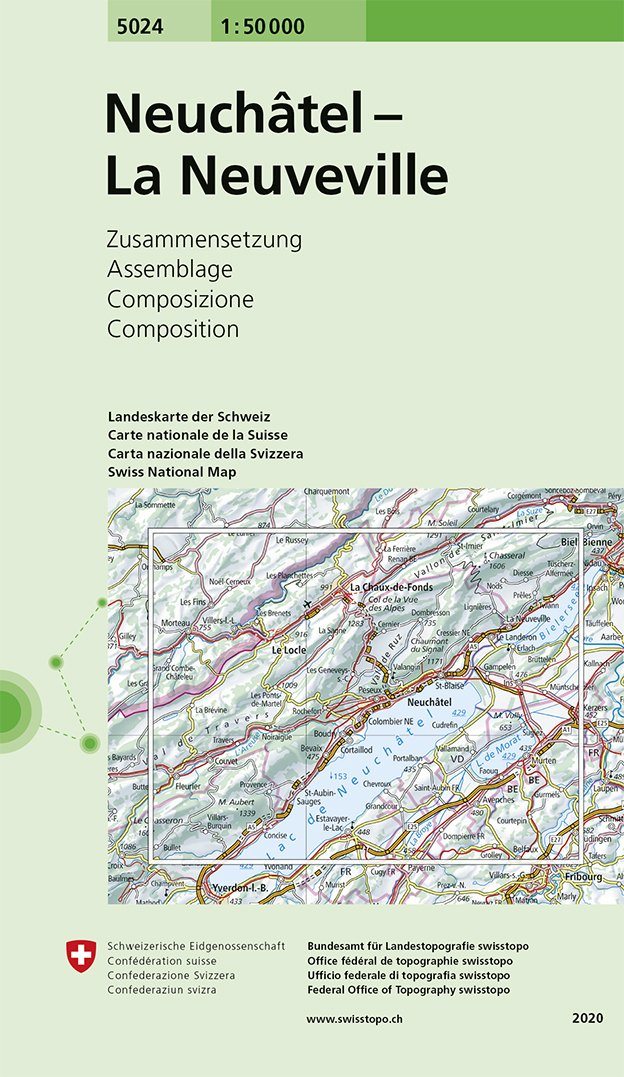 Carte de randonnée n° 5024 - Neuchâtel, Les Verrières, La Neuveville (Suisse) | Swisstopo - 1/50 000 carte pliée Swisstopo 