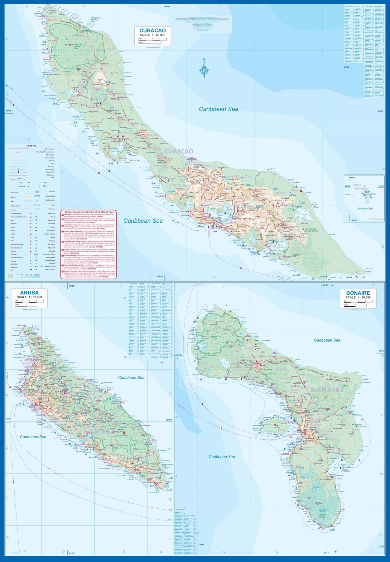 Aruba Bonaire Curacao Illustrated Travel Map with Roads Kids Zip