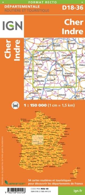 Carte départementale D18-36 - Cher & Indre | IGN carte pliée IGN 