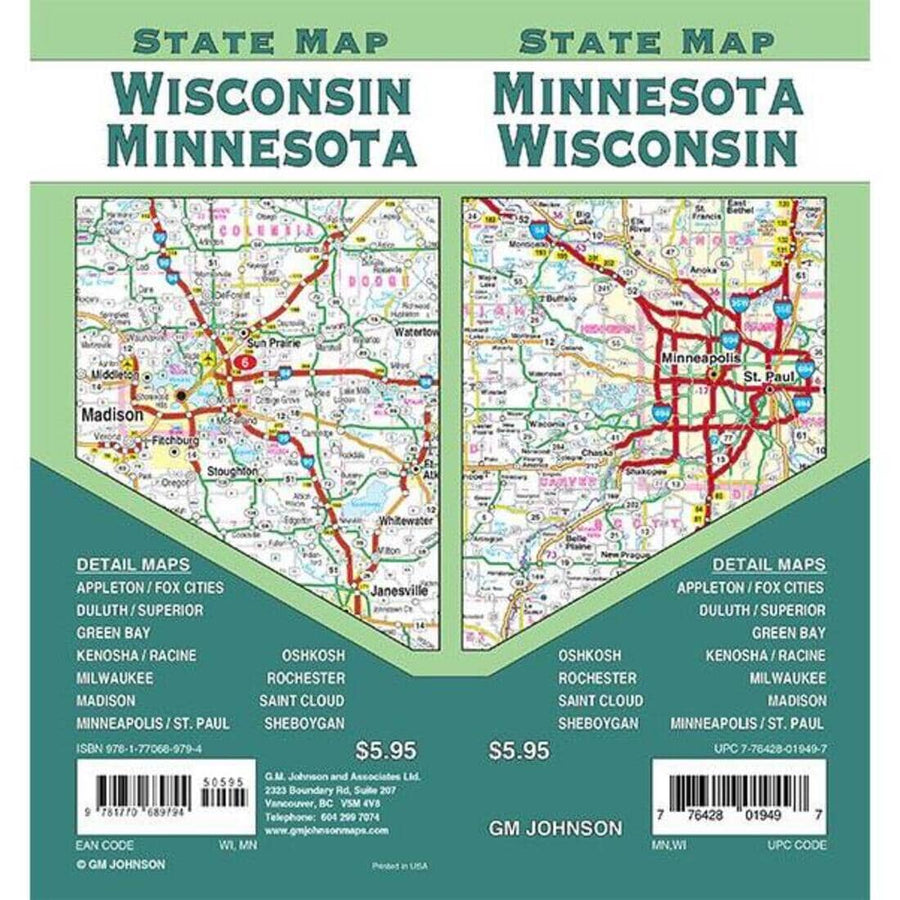 Minnesota & Wisconsin State Map | GM Johnson carte pliée 