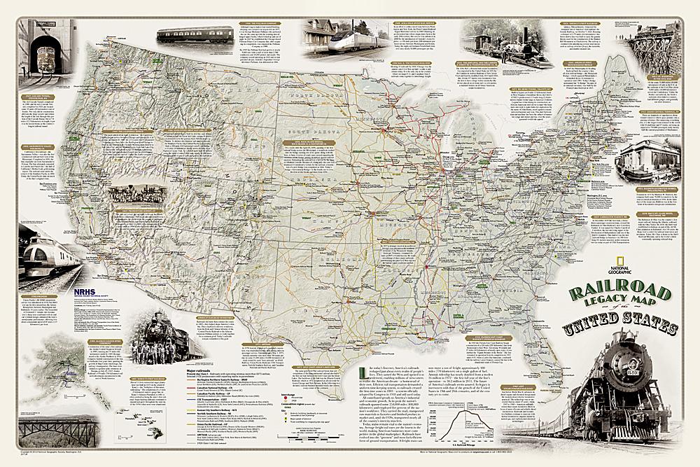 Carte murale (en anglais) - Les voies de chemin de fer aux USA | National Geographic carte murale petit tube National Geographic Plastifiée 