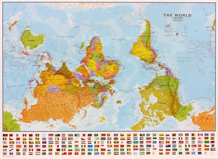 Carte murale (en anglais) - Monde politique, upside down - 136 x 100 cm | Maps International carte murale grand tube Maps International Plastifiée 