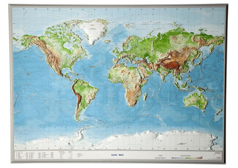 Carte murale en relief - Monde (en anglais) | Georelief carte relief Georelief Avec cadre alu 