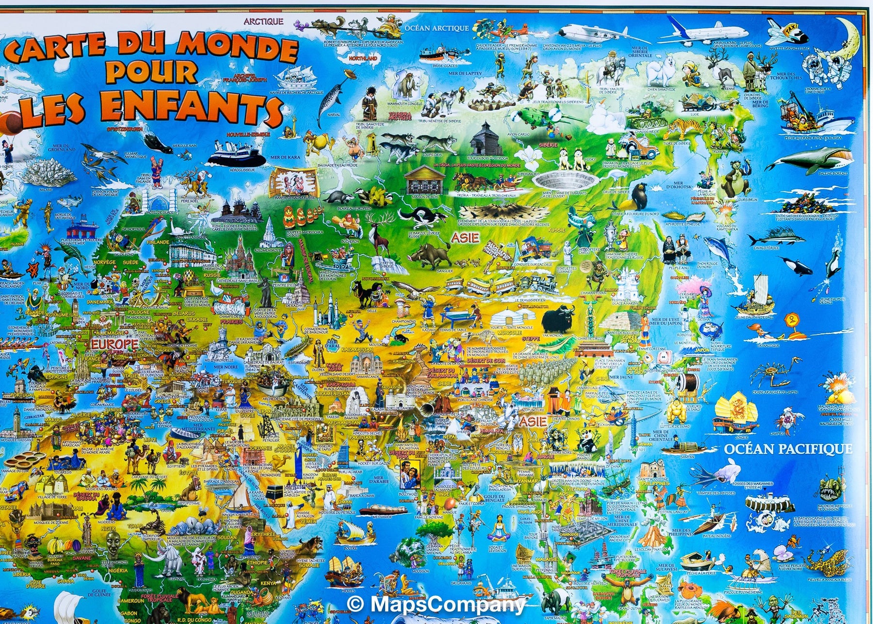 Wall Map illustrated for children (laminatedized) - Le Monde - 137 x 100 cm  | Dino (French)