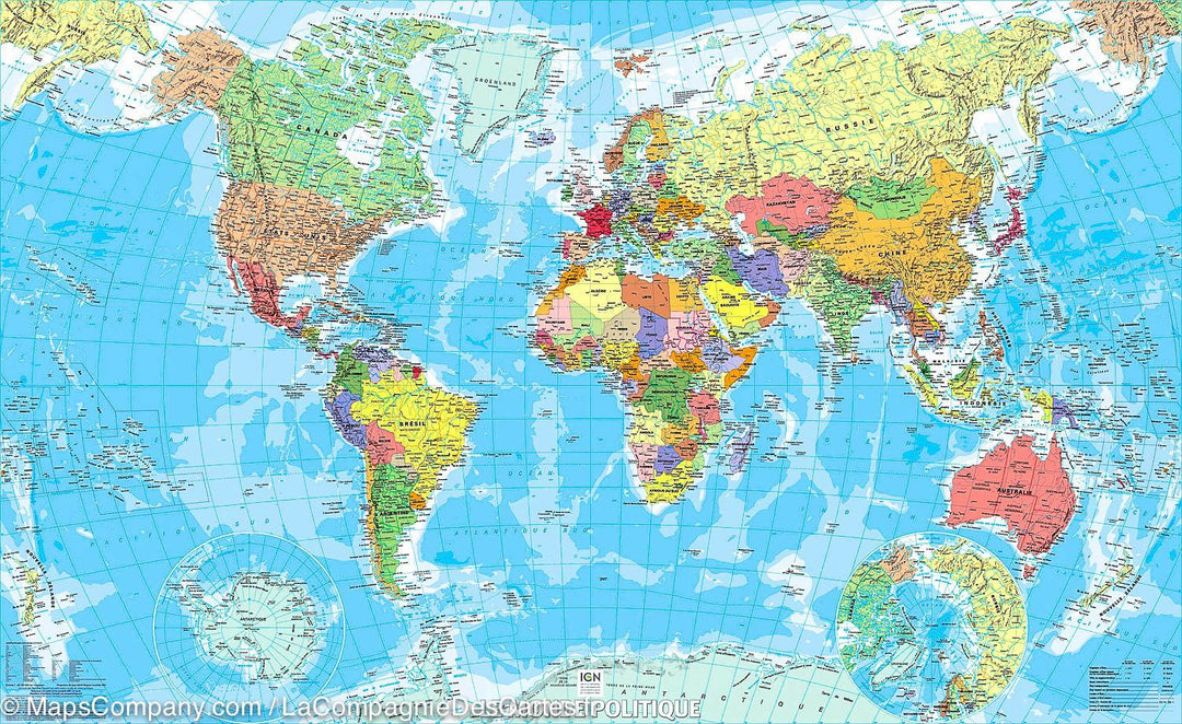 Wall Map - Political World - 100 x 61.5 cm  IGN (French) – MapsCompany -  Travel and hiking maps