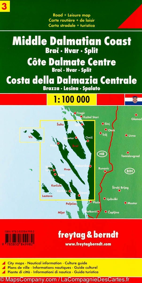 Carte routière - Côte de Dalmatie Centrale n° 3 (Brac, Hvar, Split) | Freytag & Berndt carte pliée Freytag & Berndt 
