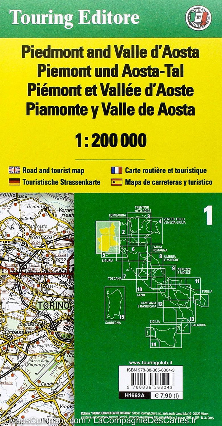 Carte routière n° 1 - Piémont & Vallée d'Aoste (Italie) | Touring Club Italiano-1/200 000 carte pliée Touring 