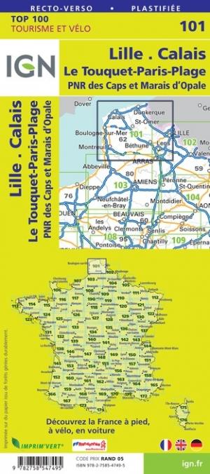 Carte TOP 100 n° 101 - Lille, Calais, Le-Touquet-Paris-Plage (Nord) | IGN carte pliée IGN 