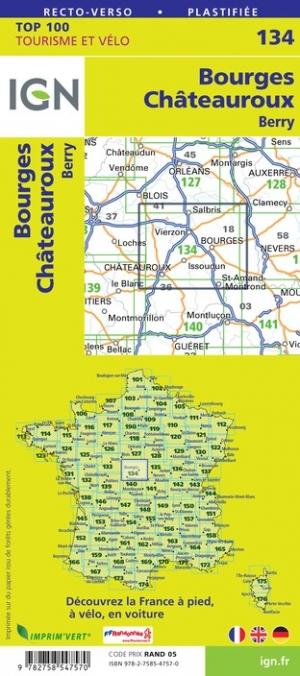 Carte TOP 100 n° 134 - Bourges, Châteauroux & Berry | IGN carte pliée IGN 