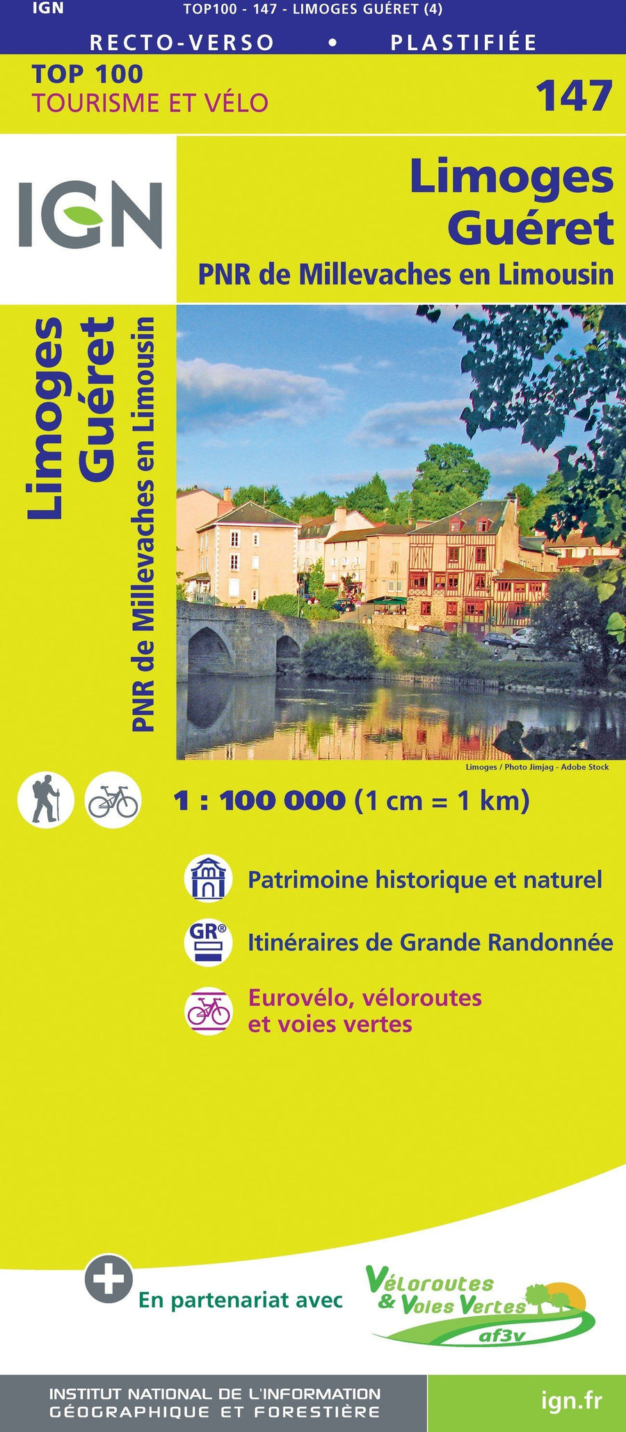 Carte TOP 100 n° 147 - Limoges, Guéret & PNR de Millevaches en Limousin | IGN carte pliée IGN 
