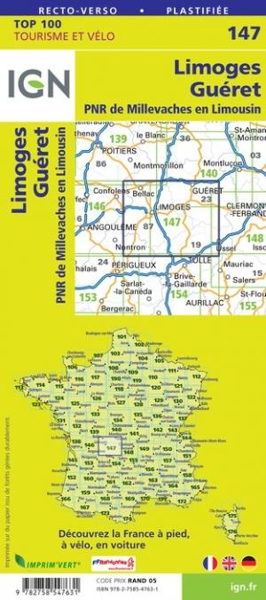 Carte TOP 100 n° 147 - Limoges, Guéret & PNR de Millevaches en Limousin | IGN carte pliée IGN 