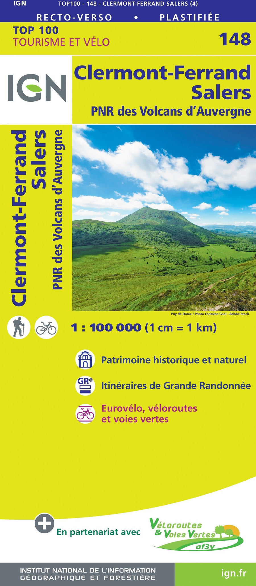 Carte TOP 100 n° 148 - Clermont-Ferrand, Salers & PNR des Volcans d'Auvergne | IGN carte pliée IGN 