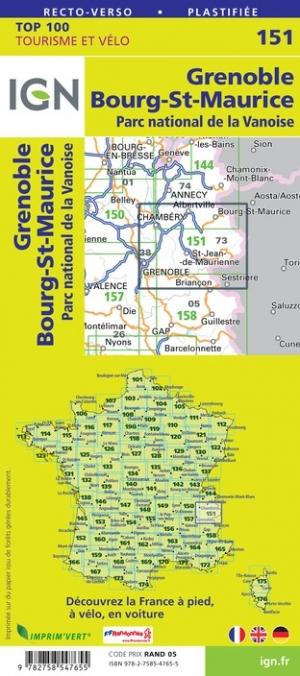 Carte TOP 100 n° 151 - Grenoble, Bourg-St-Maurice & Parc National de la Vanoise | IGN carte pliée IGN 