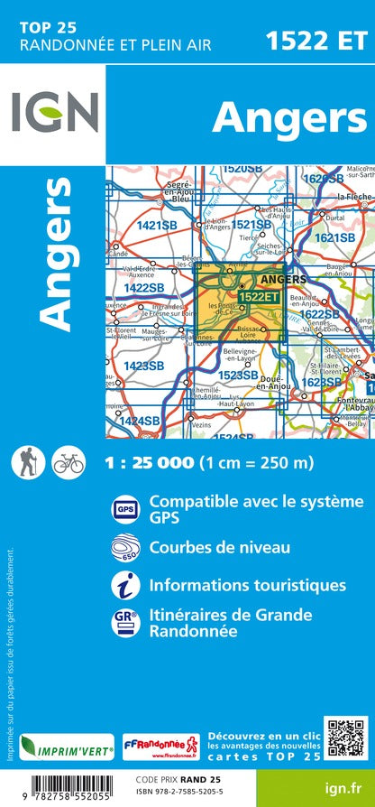 Carte TOP 25 n° 1522 ET - Angers | IGN carte pliée IGN 