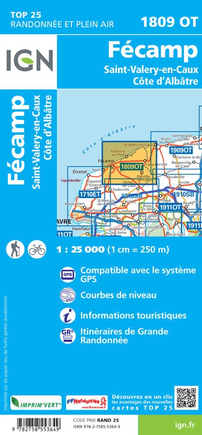 Carte TOP 25 n° 1809 OT - Fécamp, St-Valery-en-Caux & Côte d'Albâtre | IGN carte pliée IGN 