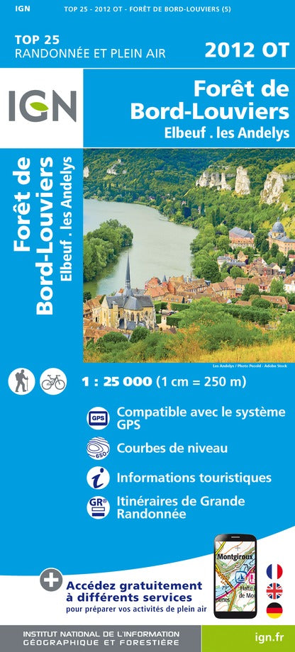 Carte TOP 25 n° 2012 OT - Forêt de Bord Louviers, Elbeuf, Les Andelys | IGN carte pliée IGN 