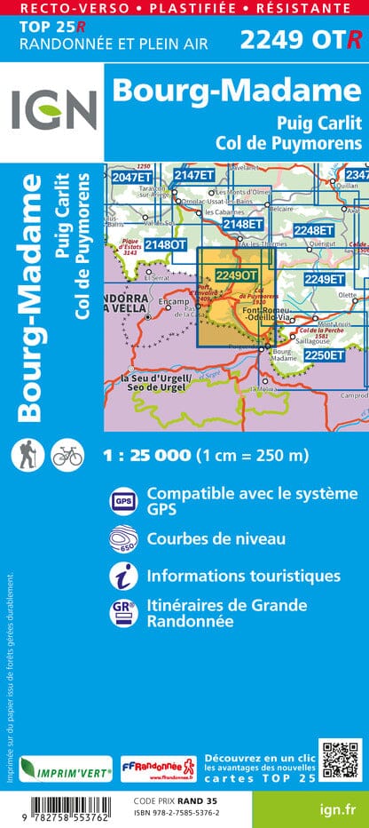 Carte TOP 25 n° 2249 OTR (résistante) - Bourg Madame, Col de Puymorens & Pic Carlit (Pyrénées) | IGN carte pliée IGN 