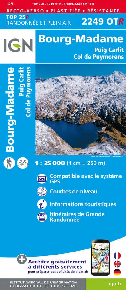 Carte TOP 25 n° 2249 OTR (résistante) - Bourg Madame, Col de Puymorens & Pic Carlit (Pyrénées) | IGN carte pliée IGN 