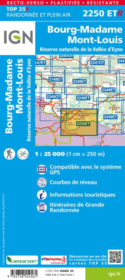 Carte TOP 25 n° 2250 ETR (résistante) - Bourg Madame, Mont Louis & Col de la Perche (Pyrénées) | IGN carte pliée IGN 