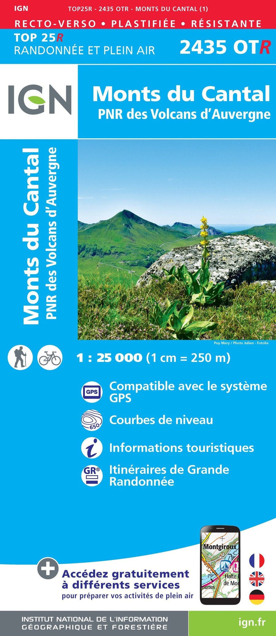 Carte TOP 25 n° 2435 OTR (résistante) - Monts du Cantal, PNR des volcans d'Auvergne (Massif Central) | IGN carte pliée IGN 