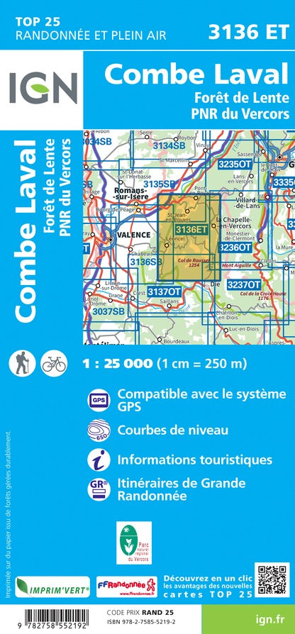 Carte TOP 25 n° 3136 ET - Combe Laval & forêt de Lente (PNR du Vercors) | IGN carte pliée IGN 