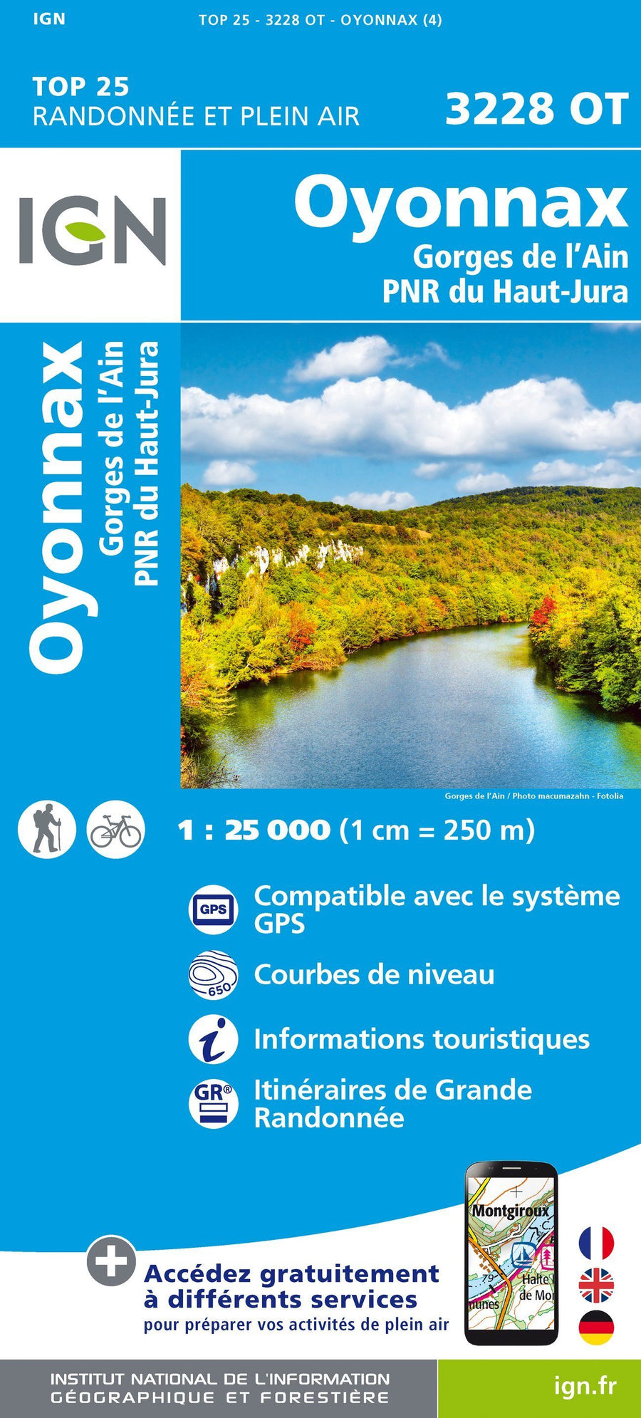 Carte TOP 25 n° 3228 OT - Oyonnax, Gorges de l'Ain, PNR du Haut-Jura | IGN carte pliée IGN 