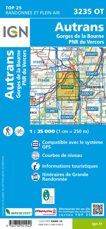 Carte TOP 25 n° 3235 OT - Autrans & Gorges de la Bourne (PNR du Vercors, Alpes) | IGN carte pliée IGN 