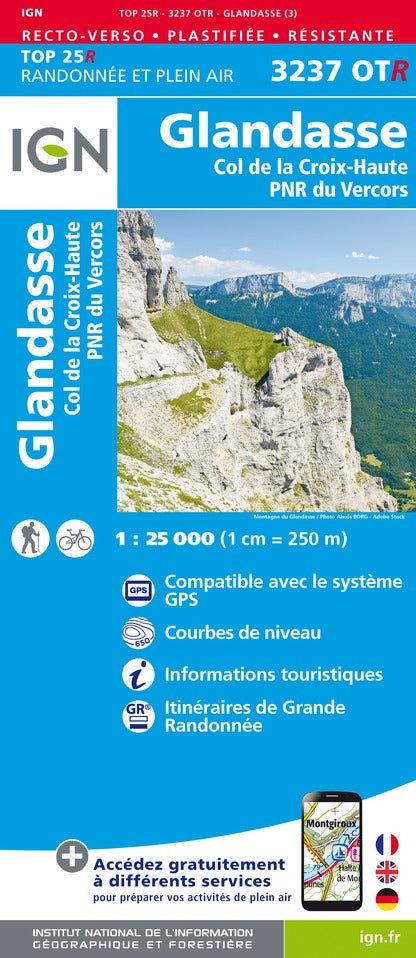Carte TOP 25 n° 3237 OTR (Résistante) - Glandasse & Col de la Croix-Haute (PNR du Vercors, Alpes) | IGN carte pliée IGN 2022 