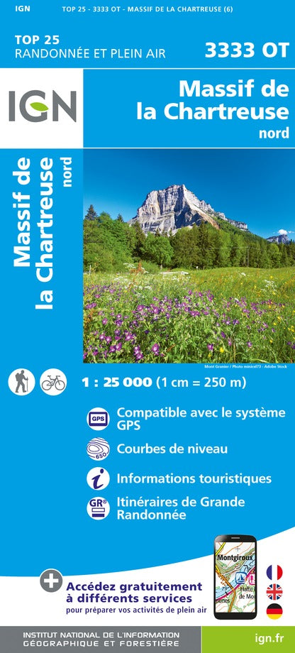 Carte TOP 25 n° 3333 OT - Massif de la Chartreuse Nord (Alpes) | IGN carte pliée IGN 