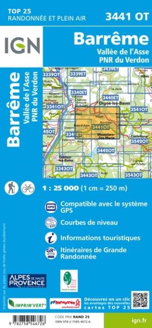 Carte TOP 25 n° 3441 OT - Barrême & Vallée de l'Asse & PNR du Verdon | IGN carte pliée IGN 