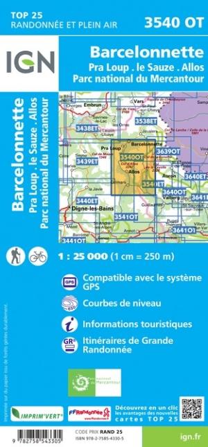 Carte TOP 25 n° 3540 OT - Barcelonnette, Pra-Loup, le Sauze, Allos (Mercantour) | IGN carte pliée IGN 