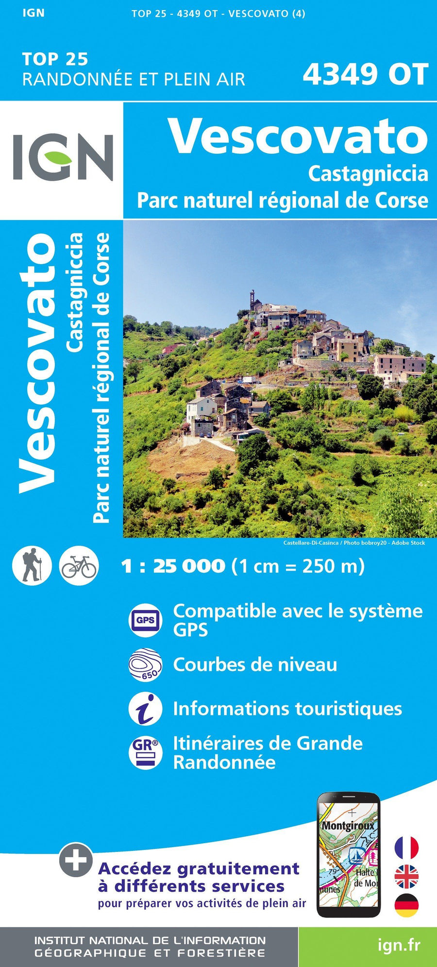 Carte TOP 25 n° 4349 OT - Vescovato, Castagniccia (PNR de Corse) | IGN carte pliée IGN 