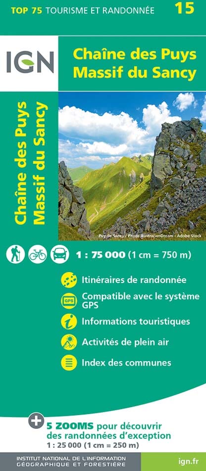 Carte TOP 75 n° 15 - Chaînes des Puys & Massif du Sancy | IGN carte pliée IGN 