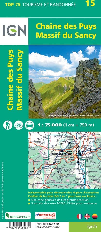 Carte TOP 75 n° 15 - Chaînes des Puys & Massif du Sancy | IGN carte pliée IGN 