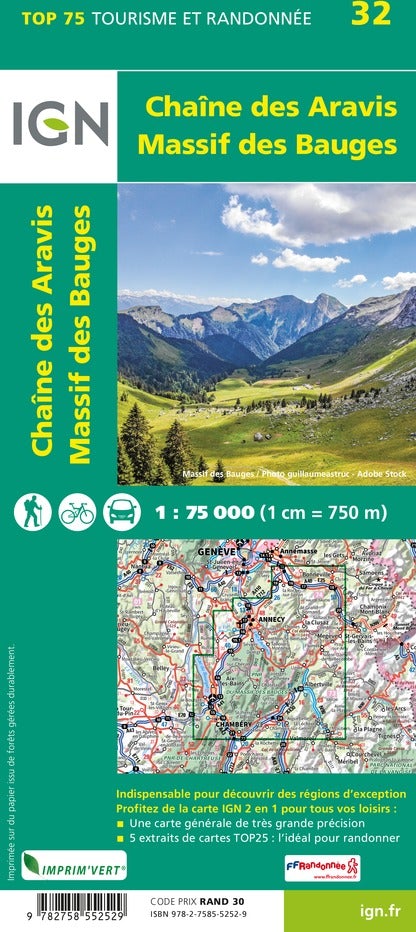 Carte TOP 75 n° 32 - Chaîne des Aravis & Massif des Bauges | IGN carte pliée IGN 
