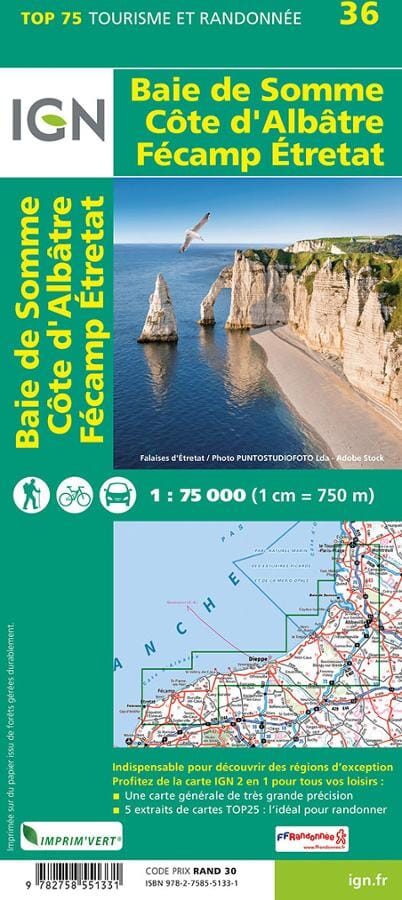 Carte TOP 75 n° 36 - Baie de Somme, Côte d'Albâtre, Fécamp & Etretat | IGN carte pliée IGN 