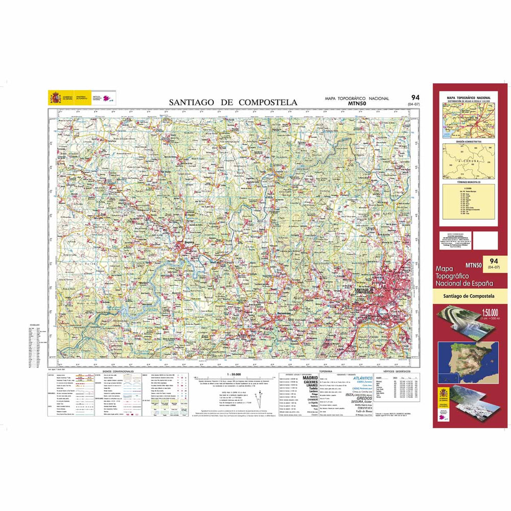 Carte topographique de l'Espagne - Santiago de Compostela, n° 0094 | CNIG - 1/50 000 carte pliée CNIG 