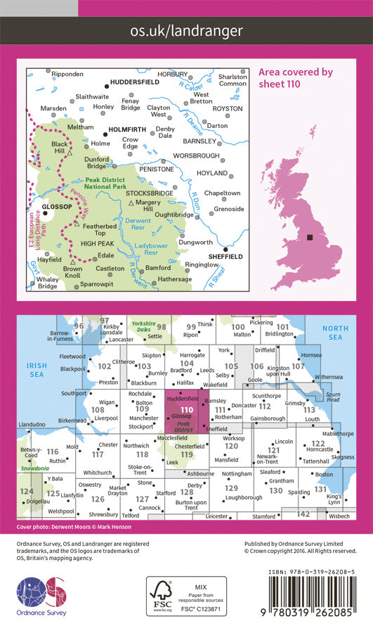 Carte topographique n° 110 - Sheffield, Huddersfield (Grande Bretagne) | Ordnance Survey - Landranger carte pliée Ordnance Survey Papier 