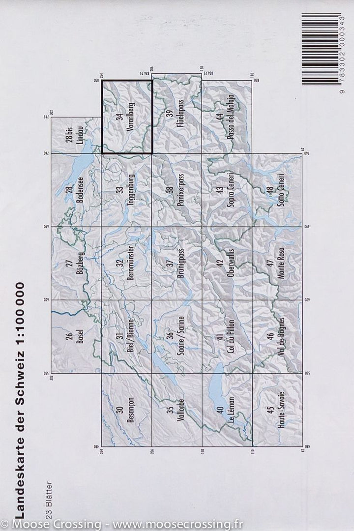 Carte topographique n° 34 - Vorarlberg (Suisse) | Swisstopo - 1/100 000 carte pliée Swisstopo 