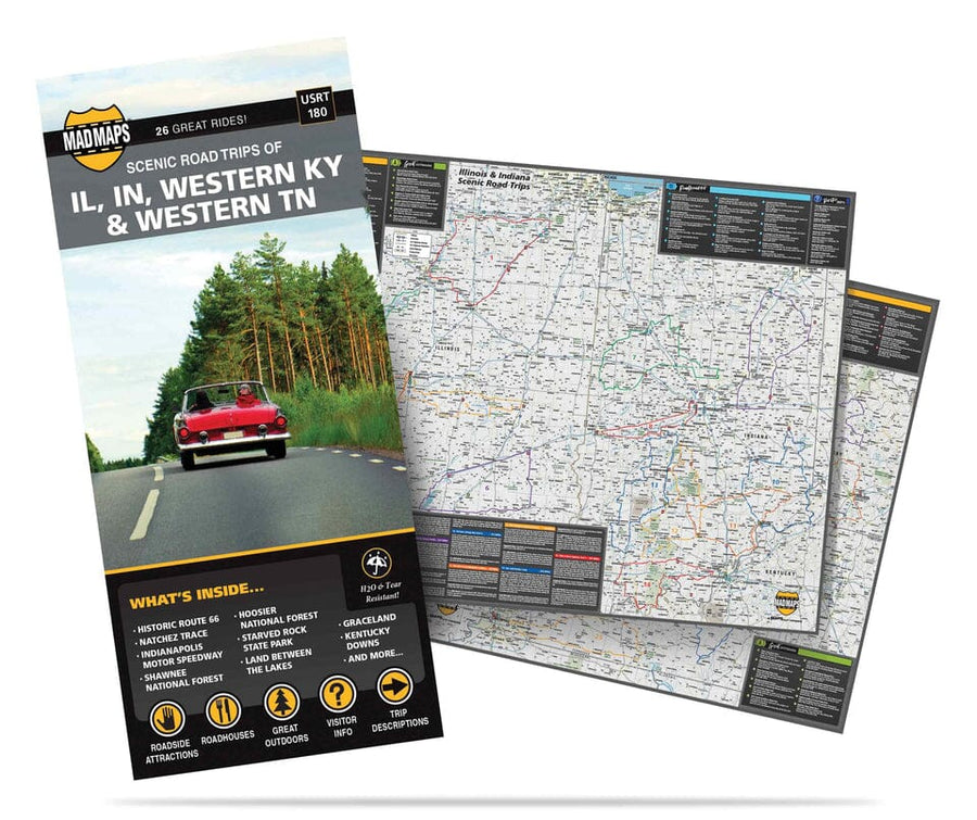 Scenic road trips of IL, IN, Western KY & western TN | MAD Maps carte pliée 